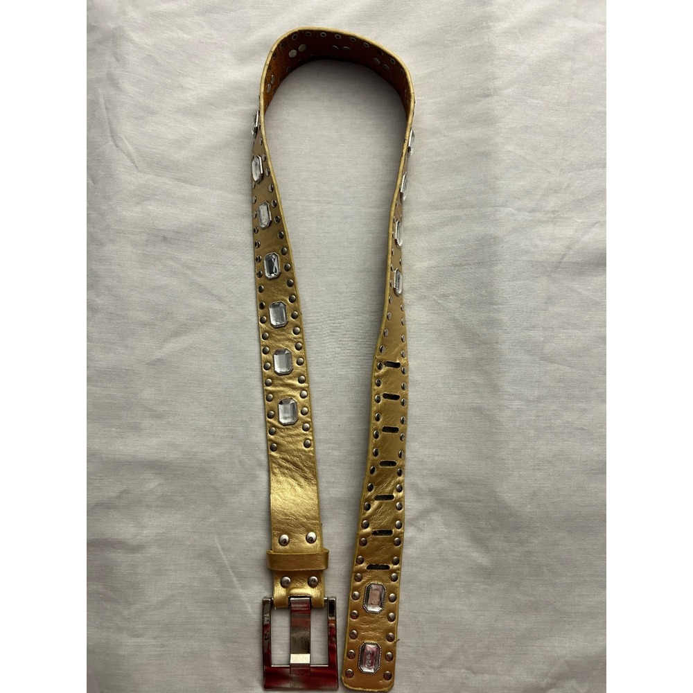Gold Metallic Leather Studded Crystal Belt Silver Buckle Y2K Glam Boho 40 Inch - Picture 1 of 7